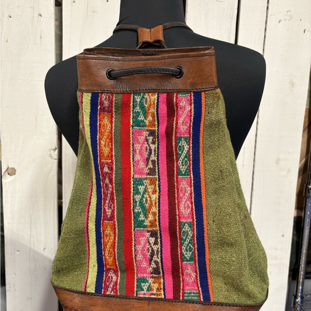 Colorful Bohemian Woven Backpack with Leather Accents Bag Purse Tote
